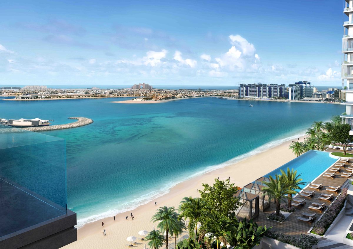 Emaar's render of the view from Beach Isle: the beach and a pool deck below, open water, and Palm Jumeirah with Atlantis on the horizon