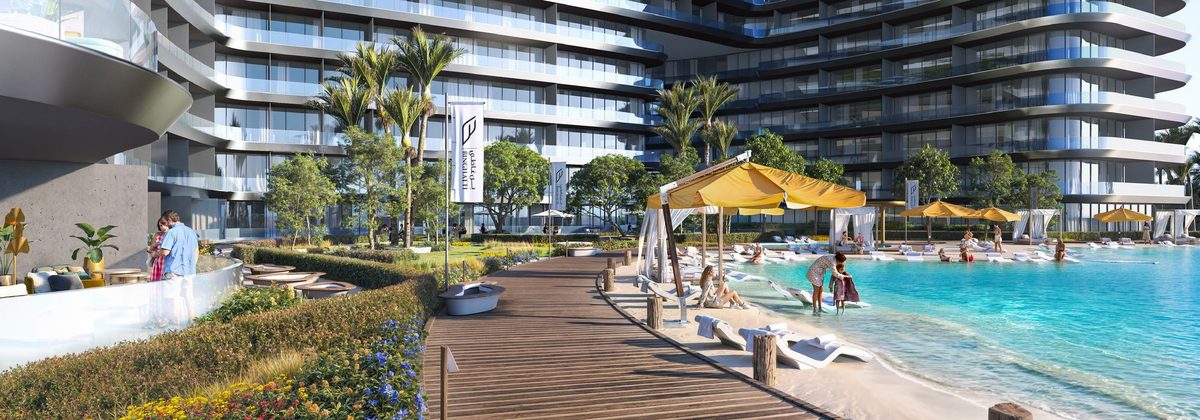 Developer's render of the podium pool at Binghatti Hills: a timber boardwalk, sunbeds and parasols, the balconies of the tower behind