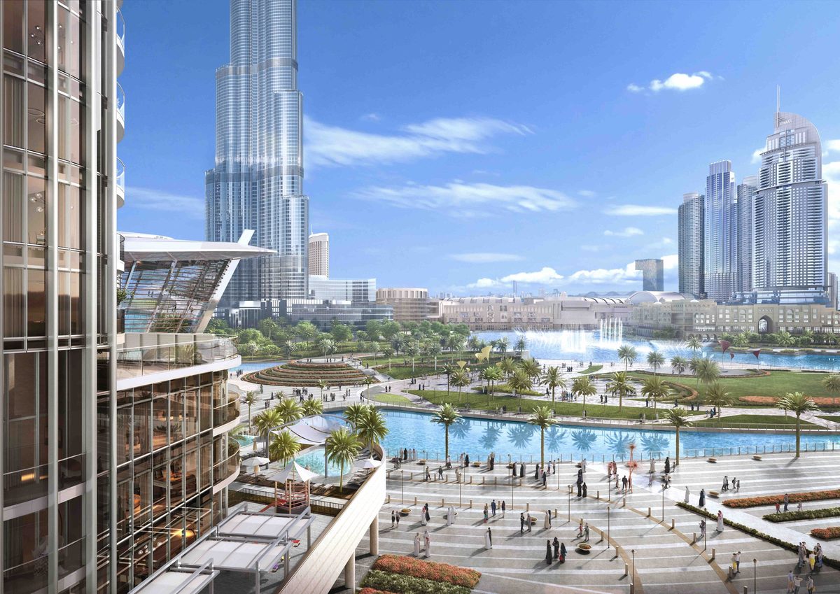 Emaar's render of the Opera District: a plaza and pool in front, the lake behind it and Burj Khalifa to the left