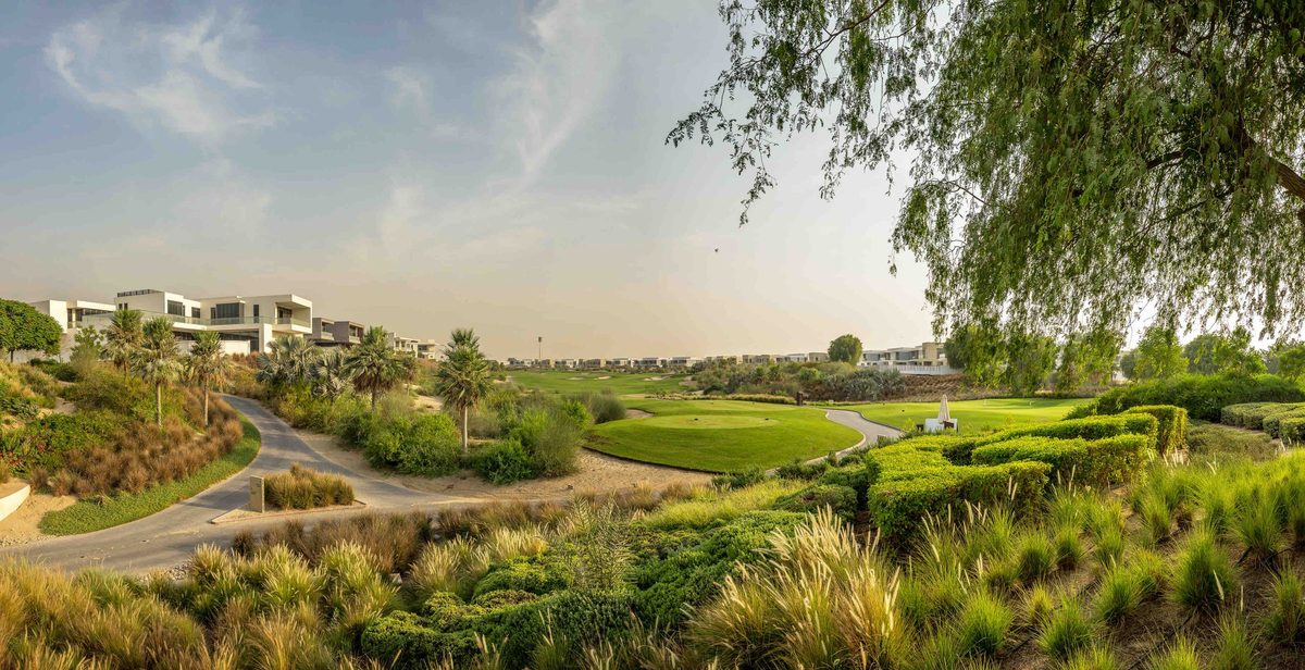 Ornamental grasses and a cart path along the golf course at Dubai Hills Estate, a row of villas on the far side of the fairway