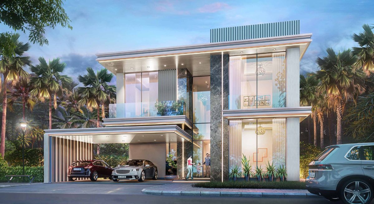 A villa at DAMAC Islands at dusk: a two-storey front of glass and stone, cars under the carport, from the developer's brochure