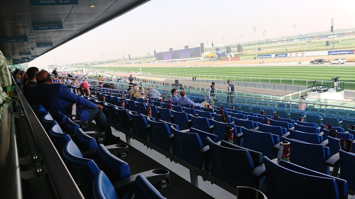 Spectators in the Meydan grandstand on race day, the turf track below