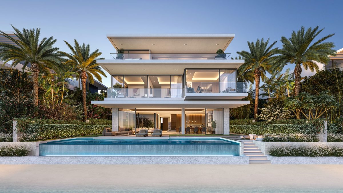 A Beach Collection villa on Palm Jebel Ali seen from the beach: three glazed storeys, an infinity pool and palms